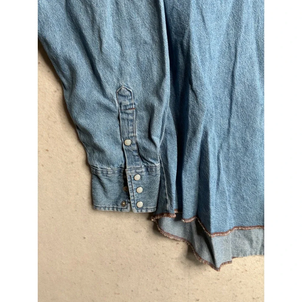 VTG Wrangler Mens Western Denim Pearl Snap Shirt Medium Wash Tall 2XLT 70127SW